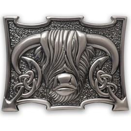 Scottish Heilan Coo Kilt Belt Buckle – Highland Cow Pewter Buckle, Elegant Celtic Accessory for Men, 10cm x 7.6cm (Silver Antique)