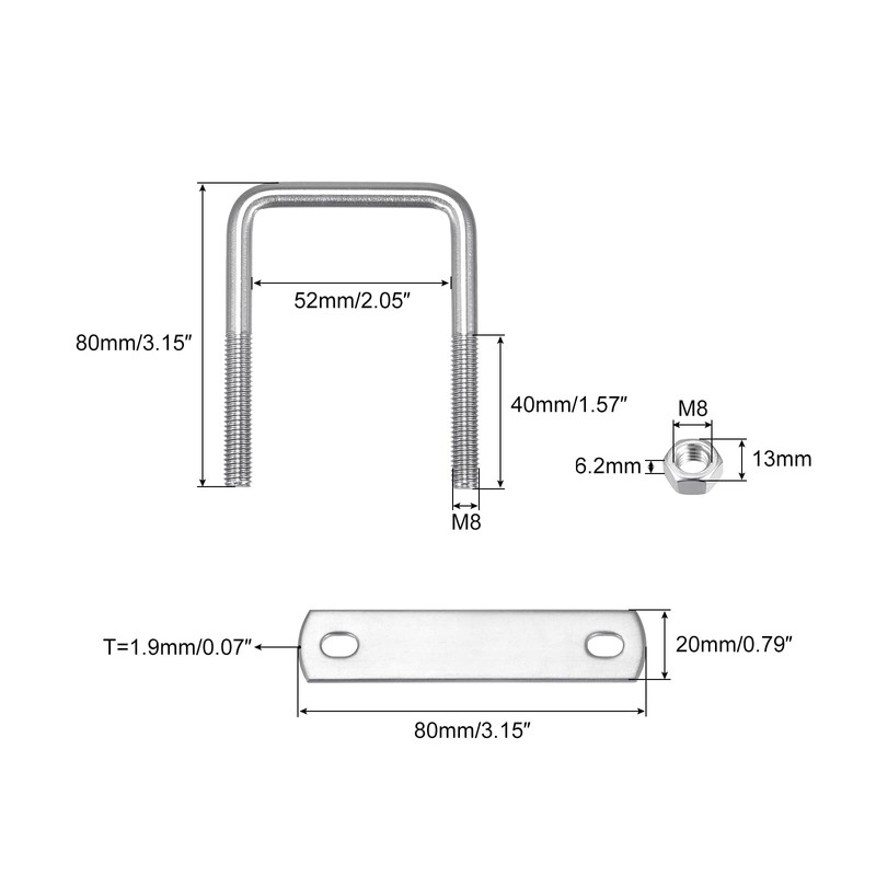 sourcing map Square U-Bolts, 2 Sets 52mm(2.05") Inner Width 80mm