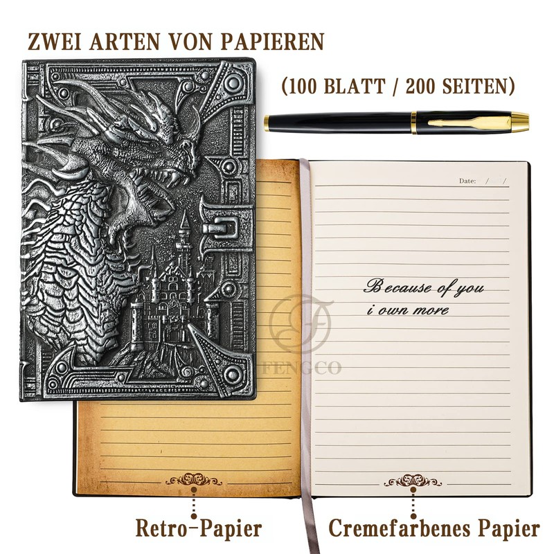 3D Dragon Vintage Diary + Pen Set, A5 Lined Notebook,