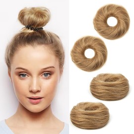 TANJET Messy Bun Hair Piece Human Hair #Honey Brown Wavy Stretchy Elastic Rubber Band 100% Real Human Hair Tousled Updo Extension Hair Hair Piece Ponytail Extensions （#6 Honey Brown 2PCS）