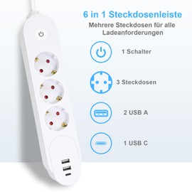 YIDE 3 Fach Steckdosenleiste mit USB C 18W, Mehrfachsteckdose mit 3 USB, Steckerleiste Wandmontage 3680W 16A, Verteilersteckdose mit Schalter, Mehrfachstecker für Smartphones, Laptop, 1,5M Kabel, Weiß
