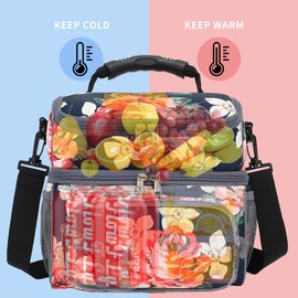 FlowFly Insulated Lunch Bag Adult Lunch Box Large Tote Double Layer Cooler for Men, Women, with Adjustable Strap,Front Pocket and Mesh Side Pockets,Rose