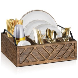 Ukonvi Flatware Organizers Paper Plate Dispenser with Handles, Paper Plate Holder for Kitchen Counter, Wood Rustic Silverware Utensil Caddy, Brown