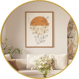 Sweetcrispy Gold Bathroom Round Vanity Mirror for Wall, 24x24 Inch Metal Framed Wall Mirror Farmhouse, Anti-Rust, Tempered Glass