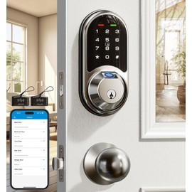 Veise RZ07C Smart Locks for Front Door, 2 Knob Handle Set, Fingerprint Keyless Entry, App Control Biometric Lock, Electronic Digital Touchscreen Keypad Deadbolt, Easy Install, Auto Lock, Satin Nickel