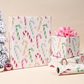 BIOBROWN Reversible Christmas Wrapping Paper - 17 Inch X 33 Feet (46.7 sq. ft. ttl.) - Colorful Candy Cane & Vintage Ornament Design Gift Wrap Paper for Xmas, Party, Holiday, Celebration