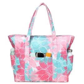 Octsky Beach Bag Roomy Beach Bags for Women Waterproof Sandproof Beach Tote Bag Dual Zipper with Wet Pocket 3 Pockets Outsde,Floral Green