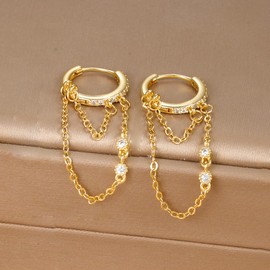 925 Sterling Silver Chain Drop Earrings Hoop for Women Hoop Chain Earrings Dangle (Golden, One size)