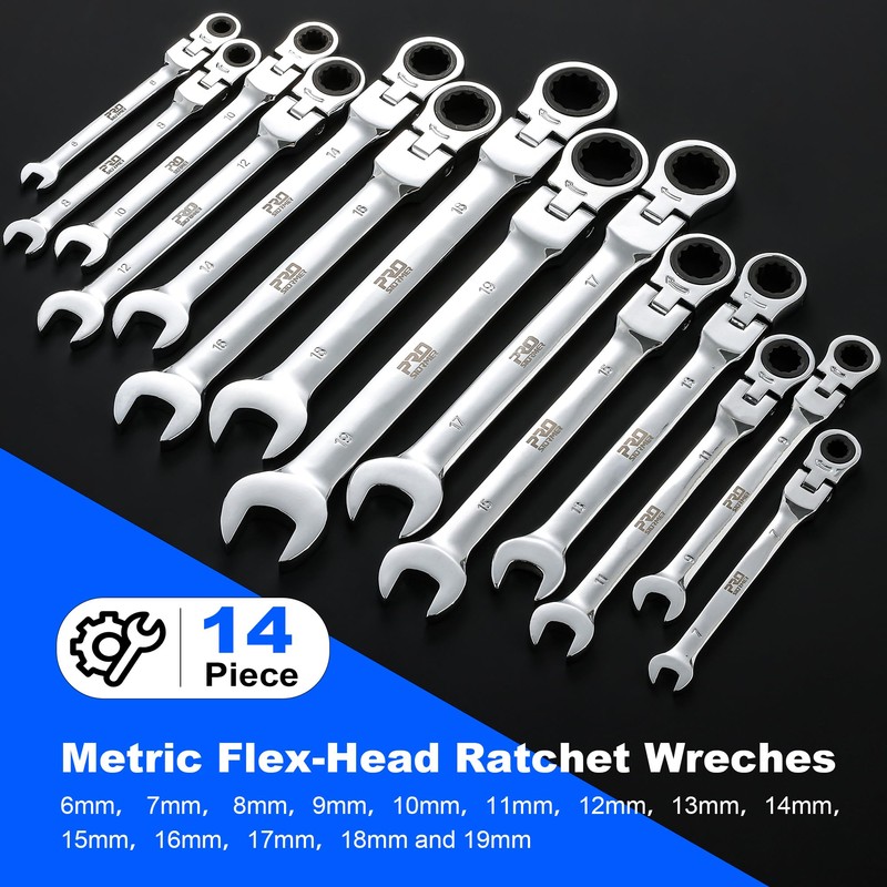 Prostormer 14-Piece Metric Flex-Head Ratcheting Wrench Set, 6-19mm Combination Wrench