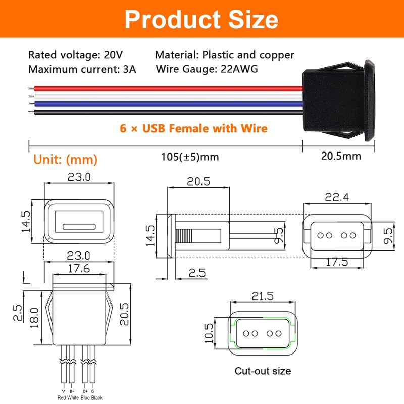 KUOQIY 6 Pieces 3A 4-Pin USB Socket, Quick Charge Type