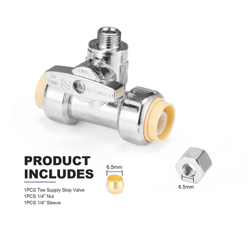 WMAXPFIT Tee Stop Valve(1 PACK), 1/2" Push x 1/2" Push