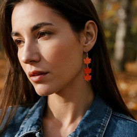 Agriajun Thanksgiving Gold Fall Maple Leaf Acrylic Dangle Earrings for Women, Trendy Autumn Orange Three Leaves Lightweight Drop Earings Party Holiday Accessories Jewelry Gift