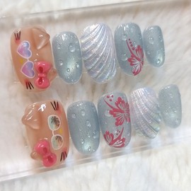 Summer Sunguri Cat Handmade Nail Tips - Stiletto / 썸머 썬구리 냥 수제네일팁 - 스틸레토