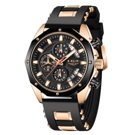 LIGE Men's Luxury Watches Quartz Date Luminous 3ATM Waterproof Casual Wristwatch - Black Rose Gold