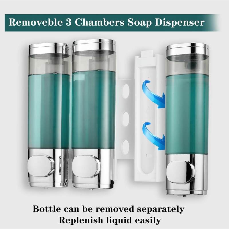 Ribech Soap Dispenser, 3 Chamber 300mL Shampoo and Conditioner Dispenser