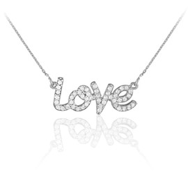 Sideways Crosses Sterling Silver Love Script CZ Necklace (18 Inches)