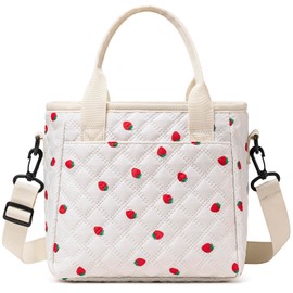 TuErCao Cute Strawberry Lunch Box for Women Lunch Bags for Work Small Insulated LunchBag for Picnic Travel Shopping, Portable Lightweight Ultrasonic Soft Touch LunchTote for Young Ladies