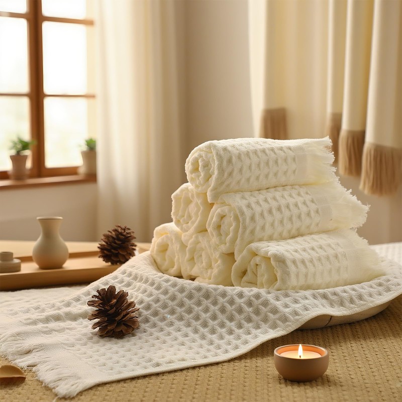 SmoothNovelty 6 Pcs Boho Bathroom Hand Towels Set Beige Waffle