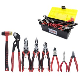 HOUSERAN 8-Piece Tool Set with Case Including 10” Groove Joint Pliers, 8.3” Long Nose, 8.3” Linesman, 7.5” Diagonal, 6” Flush Cutter, 5” Long Nose, 5” 170 Cutter, 25mm Rubber Mallet for DIY & Home Use