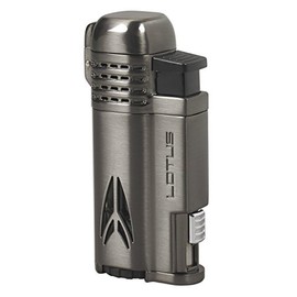 Lotus Defiant Cigar Lighter with Quad Pinpoint Torch Flames, Single Action Ignition, All Metal Housing, Retractable 10 mm Cigar Punch, Large Flame Adjuster (Dark Gunmetal)