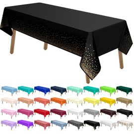PARTY ULYJA Gold Polka Dots Confetti Plastic Tablecloths 2 Pack Black Disposable Table Covers Thanksgiving 54 x 108 Inch Table Cloths for Picnic Birthday Wedding Parties 8 Foot Rectangle Table