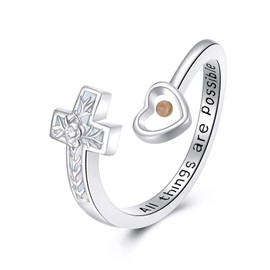 Mustard Seed Cross Ring 925 Sterling Silver Opal Mustard Seed Jewelry Faith Adjustable Ring Gifts for Women Lover