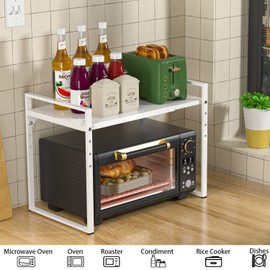 GEDLIRE 2 Tier Expandable Microwave Oven Rack, Height Adjustable Heavy Duty Microwave Toaster Countertop Stand Metal Shelf Rack, White