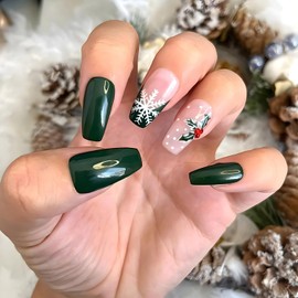 24Pcs Christmas Press on Nails with Snowflake Tree Designs Glossy Square Full Cover Green Xmas Artificial Fake Nails Medium Acrylic Winter Coffin False Nails with Glue Stick on Nails for Women