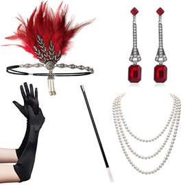 YEEBOM 1920s Flapper Accessories Set for Women, Roaring 20s Great Gatsby Feather Headband for Weeding Bride Party Burgundy