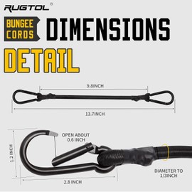 Rugtol Bungee Cords with Hooks, 12 Inch Long Heavy Duty Bungee Cords with Carabiner Clip Outdoor, 1/3 Inch Black Extra Strong Elastic Rope with Carabiner Hooks for Camping, Tarps, Bike, Tent, 6 Pack