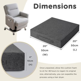 AddGrace Recliner Cushions for Elderly Thick Seat Cushion 20"x20"x4" Chair Pads with Non Slip Backing and Washable Cover for Couch Armchair Chairs Dark Grey