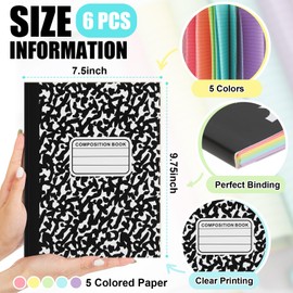 Henoyso 6 Pcs 120 Pages Colored Paper Notebooks 9.75" x 7.5" Bright Neon Colored Lined Paper Notebook Wide Ruled Marble Notebooks Journals Bulk for Office School Supplies (Black)