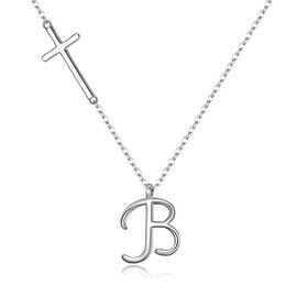 BriLove 925 Sterling Silver Cross Side Pendant Necklace Initial Letter Alphabet Jesus Crucifix Christian Valentines Day Jewelry for Women Gift, Sterling Silver