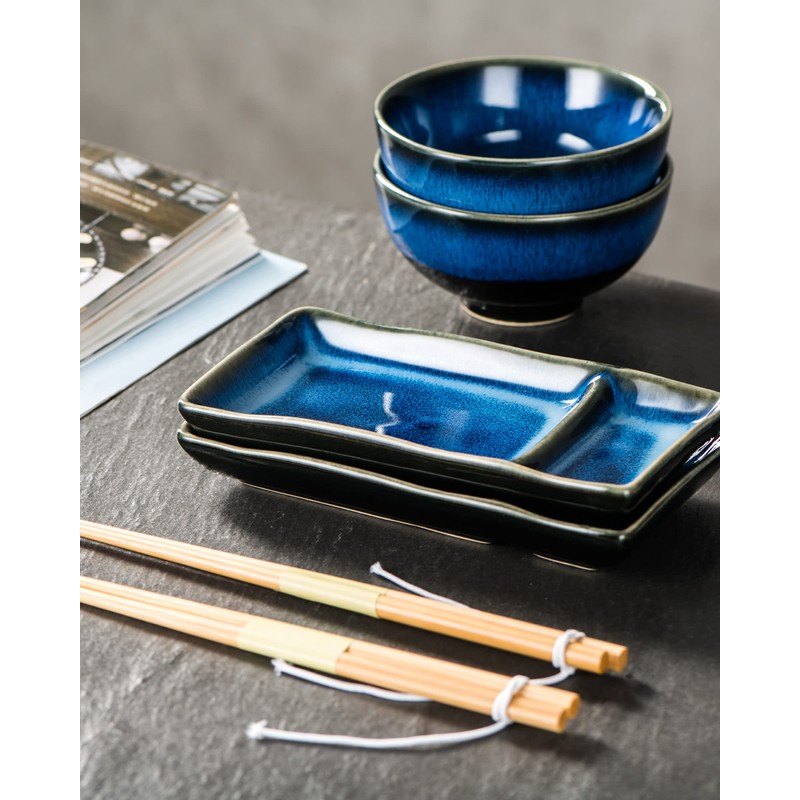 Ceramic Japanese Appetizer Sushi Plates and Bowls Set for 2