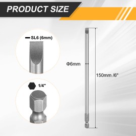 sourcing map 10pcs SL6 Slotted Screwdriver Bits 6mm Slotted Tip 1/4" Hex Shank 150mm (6") Long Magnetic Flat Head S2 Steel Screw Driver Drill Bits Industrial Power Screwdriver Bit