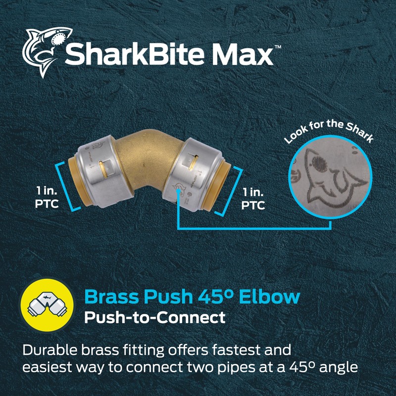 SharkBite Max 1 Inch 45 Degree Elbow, Push-to-Connect Brass Plumbing