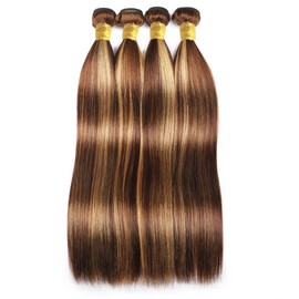 24 26 28 Inch Straight Highlight Human Hair Bundles P4/27 Brazilian Remy Human Hair Bundles Grade 8A Human Hair Weaves 3 Bundles Double Weft Straight Hair Piano Color For Women