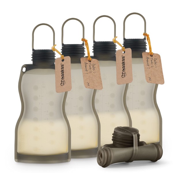 haakaa Bolsa de almacenamiento de leche de silicona (5 unidades), bolsas reutilizables de leche materna para lactancia, silicona de grado alimenticio, sin BPA, 9 onzas/260 ml