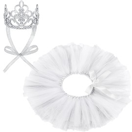 2 Pcs Dog Crown Headband Dog Tutu Dress Set Crystal Rhinestone Tiara Crown Tutu Skirt Pet Dress Costume for Puppy Birthday Party Wedding Photo Prop Costume(Small,White)