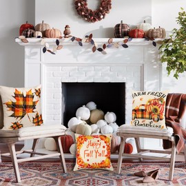 4PCS Fall Pillow Covers 18 x 18 inches - Thanksgiving Decorative Throw Couch Pillow Cases for Home Autumn Holiday Party - Feature Harvest Pumpkin Maple