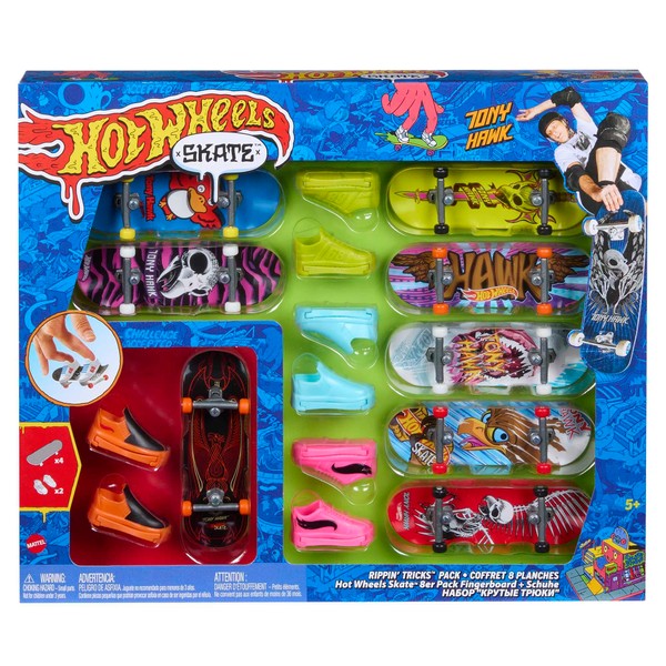 HOT WHEELS Skate Rippin' Tricks Pack - 8 Fingerboards and 4 Pairs of Skateboard Shoes with Tony Hawk Inspired Designs for Ages 5+ HMY19 with Toy