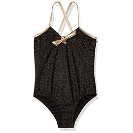Kensie - Girl's Outerwear Kensie Metallic Texture Bow-Tie One Piece Swimsuit, Black, 7/8