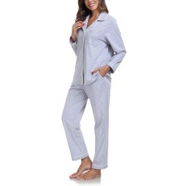 COLORFULLEAF Women's Pyjamas 100% Cotton with Button Placket Long Sleeve Pyjamas Set Two Piece Sleepwear Leisure Suit, Light grey long sleeve
