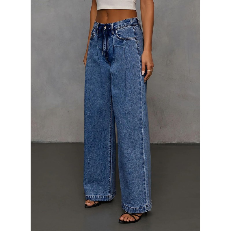 Sidefeel Women's Wide Leg Jeans Drawstring Baggy High Waisted Stretchy