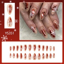 24Pcs Snowflake Press on Nails Long Almond Fake Nails Christmas French Tip False Nails Nude Acrylic Artificial on Nails Xmas Cute Stick on Nails for Women and Girls DIY Manicure Decoration