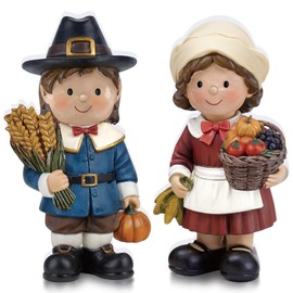 Yuntau 2 Pcs Fall Figurine Decor Pilgrim Figurine Autumn Statue Wooden Thanksgiving Boy and Girl Family Harvest Table Decoration for Autumn Thanksgiving Gifts Home Office Decor Party Supplies