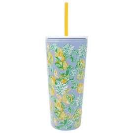 Lilly Pulitzer Double Wall Tumbler with Lid and Reusable Straw, White Plastic Cup, Insulated Travel Cup Holds 24 Ounces, Make Lemonade