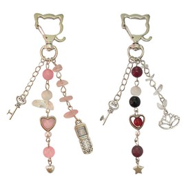 2 Pieces Cute aesthetic Y2k Keychains For Kid Teens Girl Women Beads crystal Heart Kawaii Key Chains (2Pieces-Pink+Red)