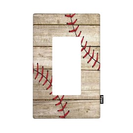 Pznen Vintage Baseball Stitch Single Rocker Wall Plate Baseball Red Lace on Rustic Wooden 1-Gang Rocker Light Switch Plates Standard Receptacle Plug Cover for GFCI Outlet