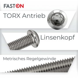 FASTON Flat Head Screws Hexalobular (TORX) M6 x 75 Stainless Steel A2 V2A (Pack of 20) Rounded Head Screws Rounded Head Screws TX Flange Screws